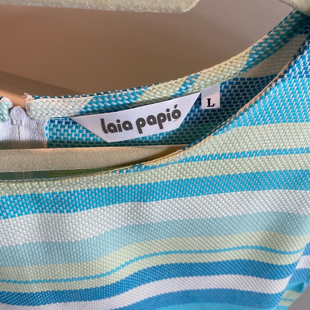 Laia Papio hand made in Spain striped blue, white and yellow sleeveless top - Picture 3 of 3